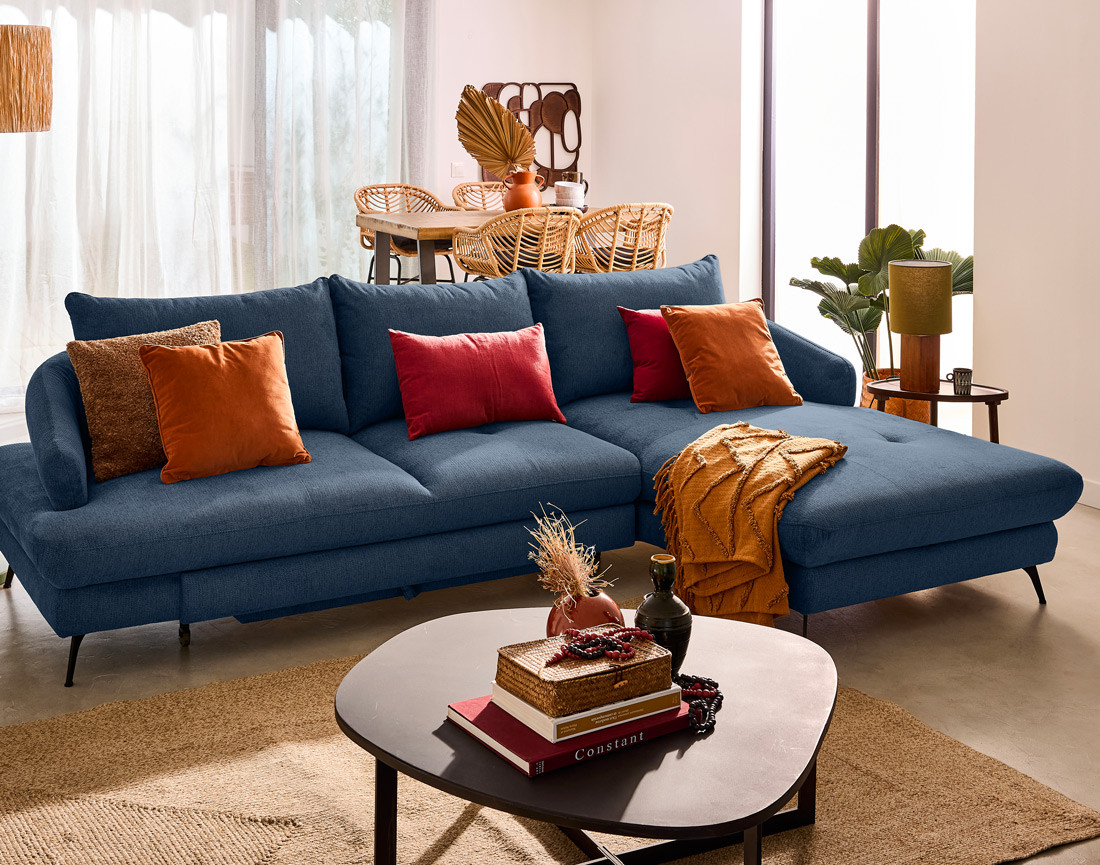 Canapé d'angle droit 4 places convertible avec coffre en tissu texturé Ninon