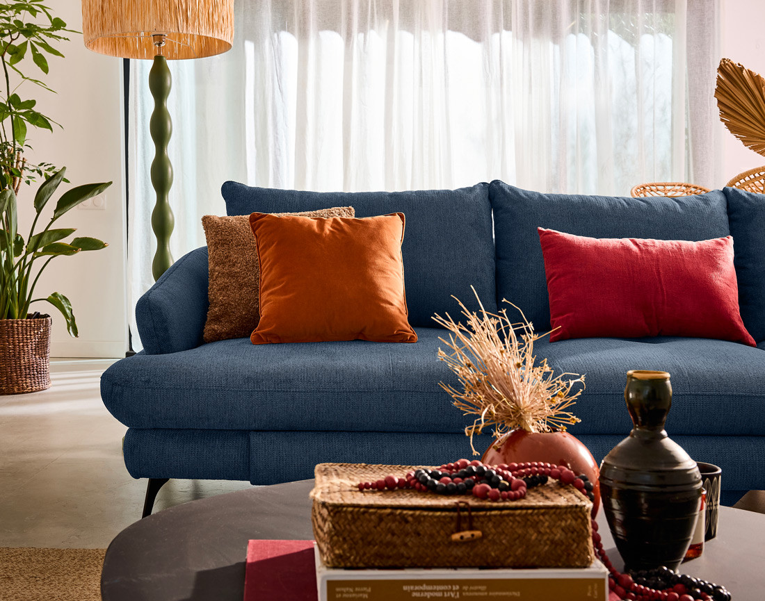 Canapé d'angle droit 4 places convertible avec coffre en tissu texturé Ninon