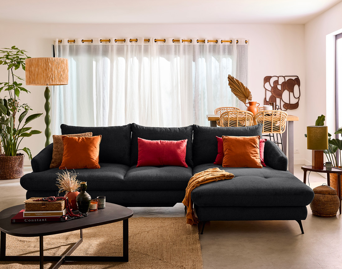 Canapé d'angle droit 4 places convertible avec coffre en tissu texturé Ninon Canapé d'angle droit 4 places convertible avec coffre en tissu texturé Ninon