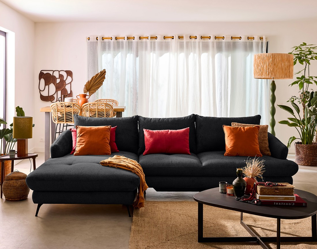 Canapé d'angle gauche 4 places convertible avec coffre en tissu texturé Ninon Canapé d'angle gauche 4 places convertible avec coffre en tissu texturé Ninon