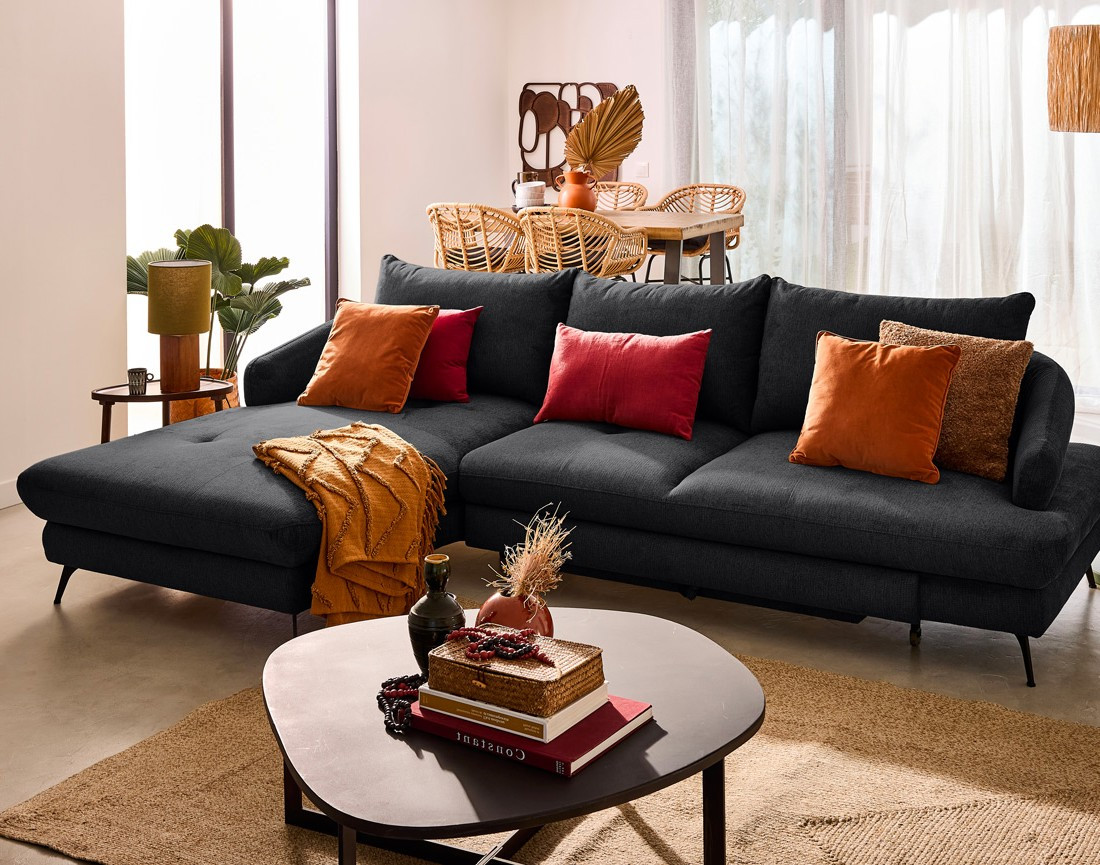 Canapé d'angle gauche 4 places convertible avec coffre en tissu texturé Ninon Canapé d'angle gauche 4 places convertible avec coffre en tissu texturé Ninon