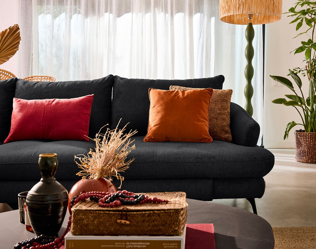 Canapé d'angle gauche 4 places convertible avec coffre en tissu texturé Ninon Canapé d'angle gauche 4 places convertible avec coffre en tissu texturé Ninon