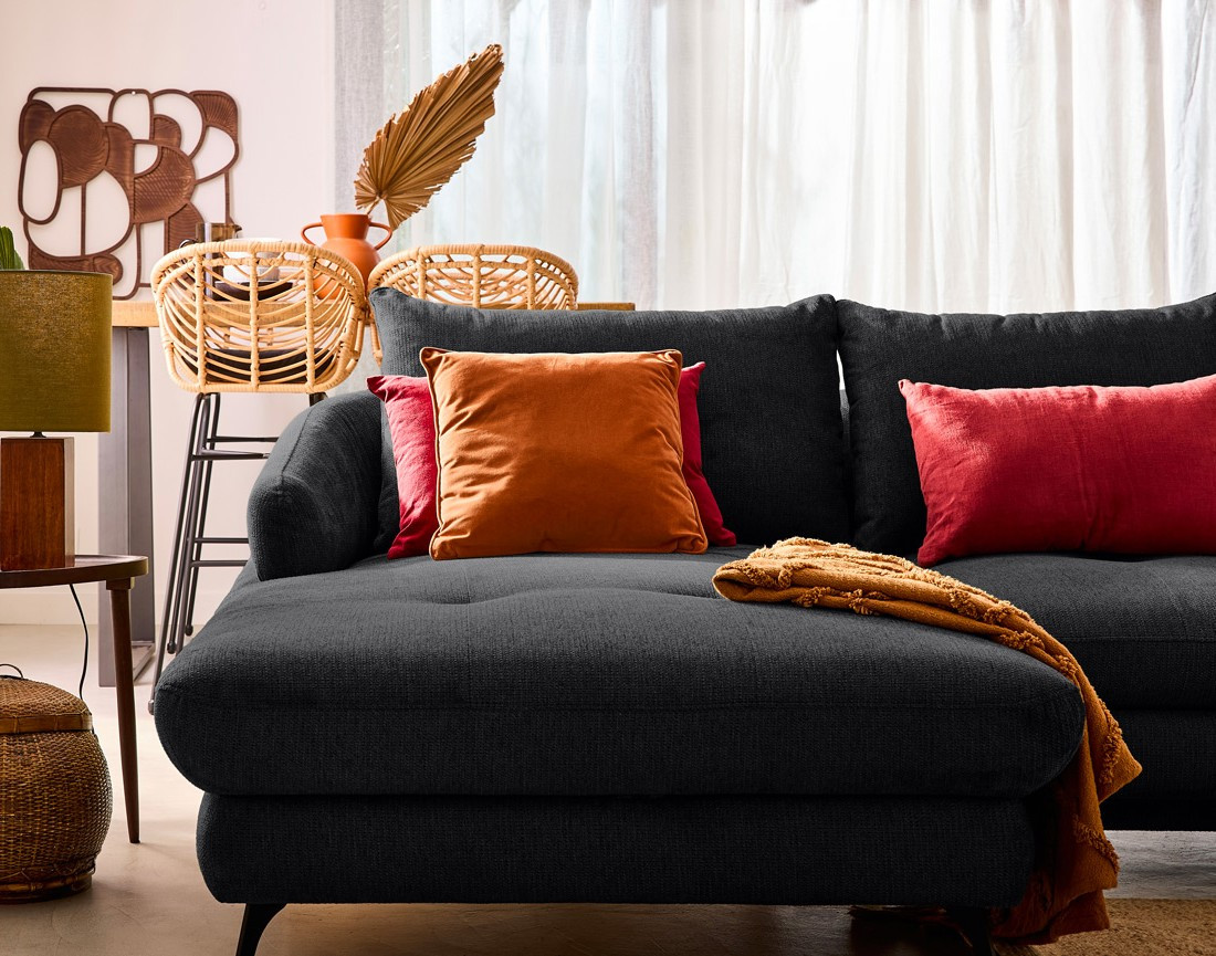 Canapé d'angle gauche 4 places convertible avec coffre en tissu texturé Ninon Canapé d'angle gauche 4 places convertible avec coffre en tissu texturé Ninon