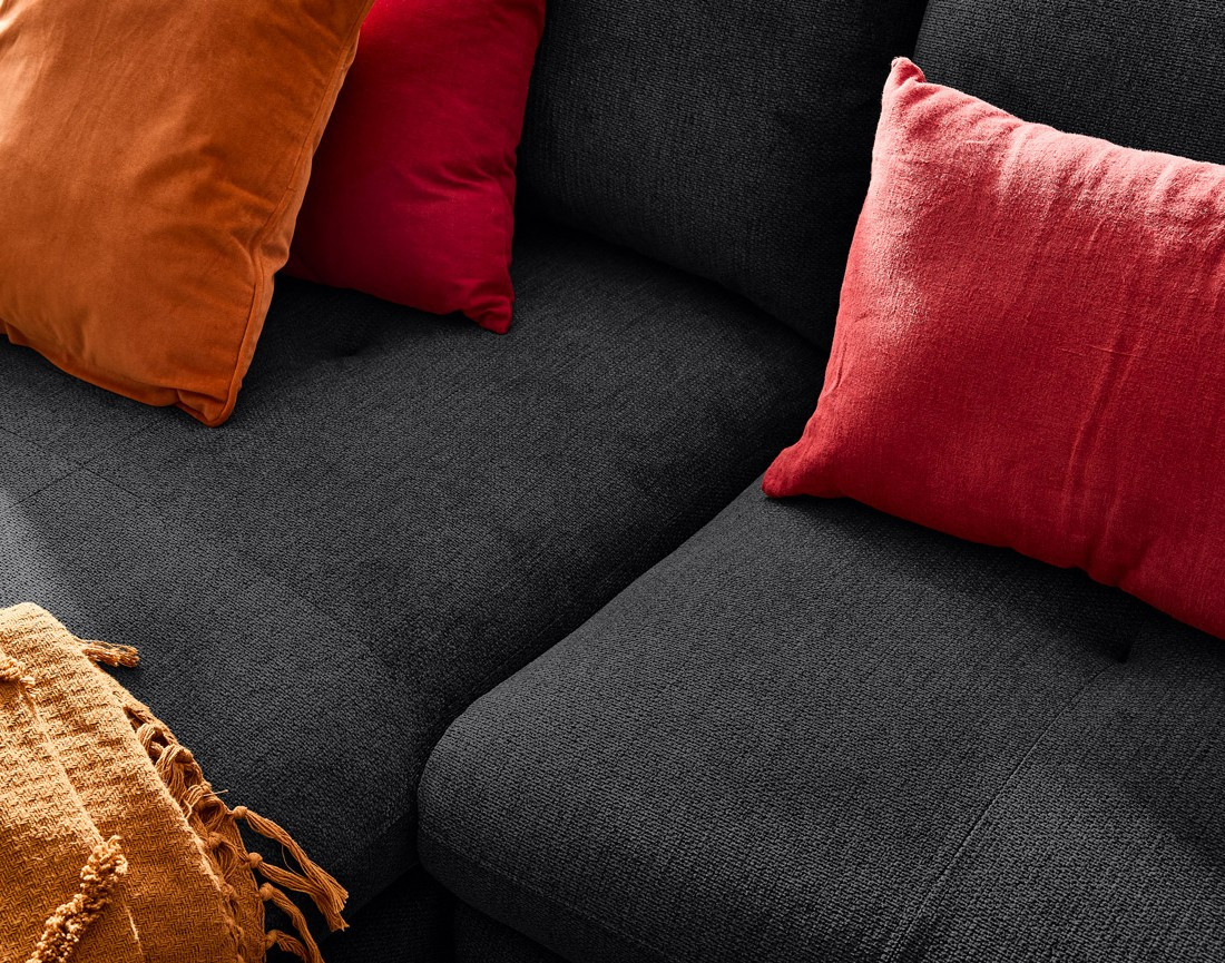 Canapé d'angle gauche 4 places convertible avec coffre en tissu texturé Ninon Canapé d'angle gauche 4 places convertible avec coffre en tissu texturé Ninon