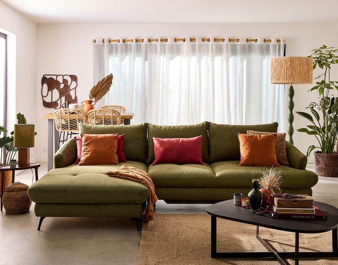 Canapé d'angle gauche 4 places convertible avec coffre en tissu texturé Ninon