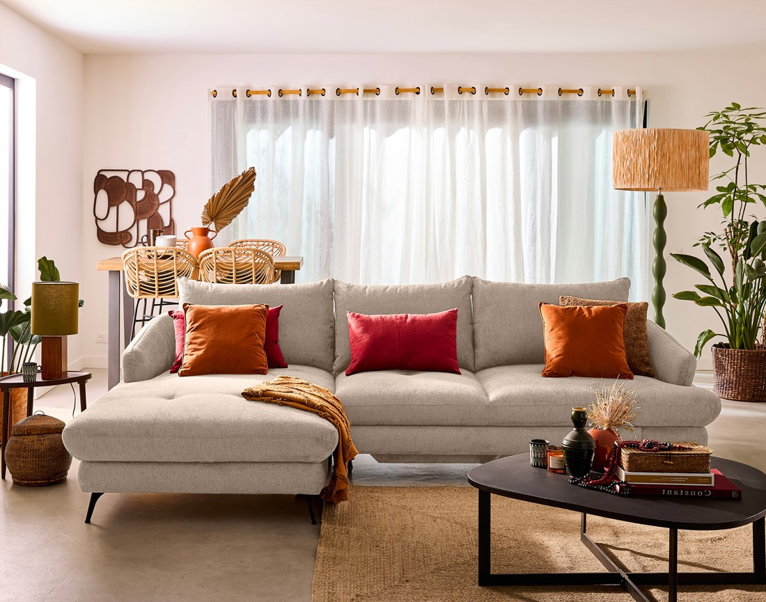 Canapé d'angle gauche 4 places convertible avec coffre en tissu texturé Ninon Canapé d'angle gauche 4 places convertible avec coffre en tissu texturé Ninon