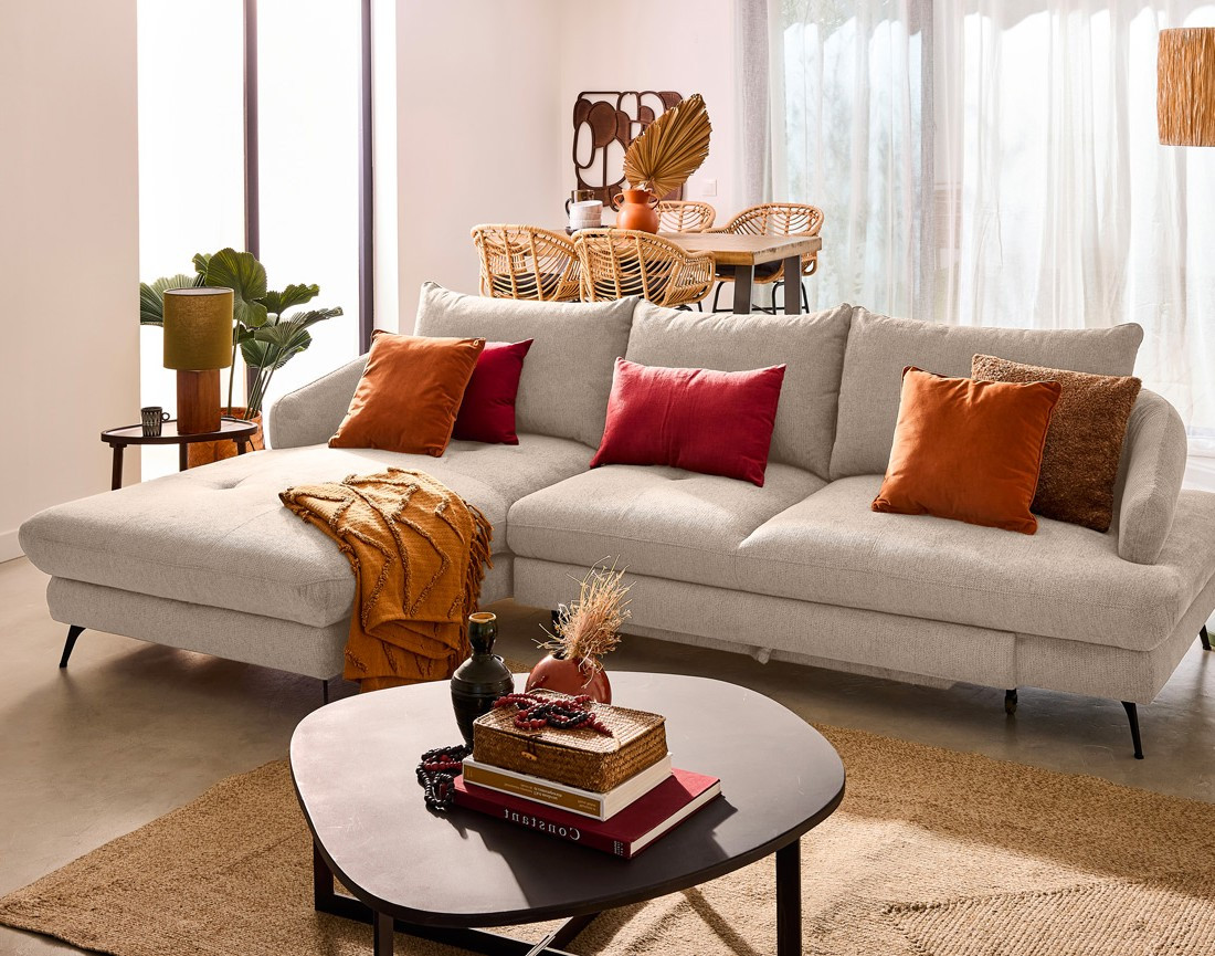 Canapé d'angle gauche 4 places convertible avec coffre en tissu texturé Ninon Canapé d'angle gauche 4 places convertible avec coffre en tissu texturé Ninon