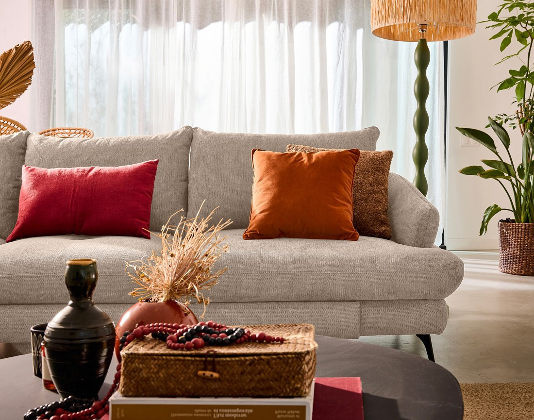 Canapé d'angle gauche 4 places convertible avec coffre en tissu texturé Ninon Canapé d'angle gauche 4 places convertible avec coffre en tissu texturé Ninon