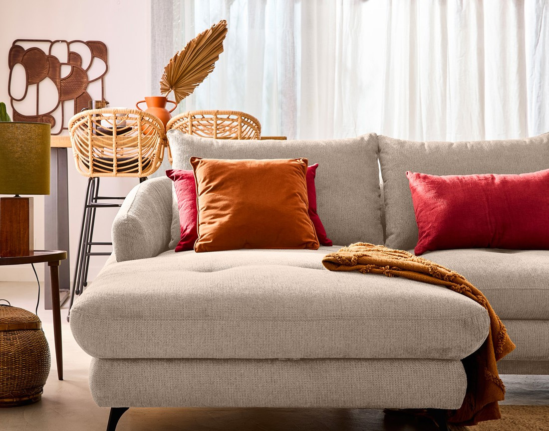 Canapé d'angle gauche 4 places convertible avec coffre en tissu texturé Ninon Canapé d'angle gauche 4 places convertible avec coffre en tissu texturé Ninon