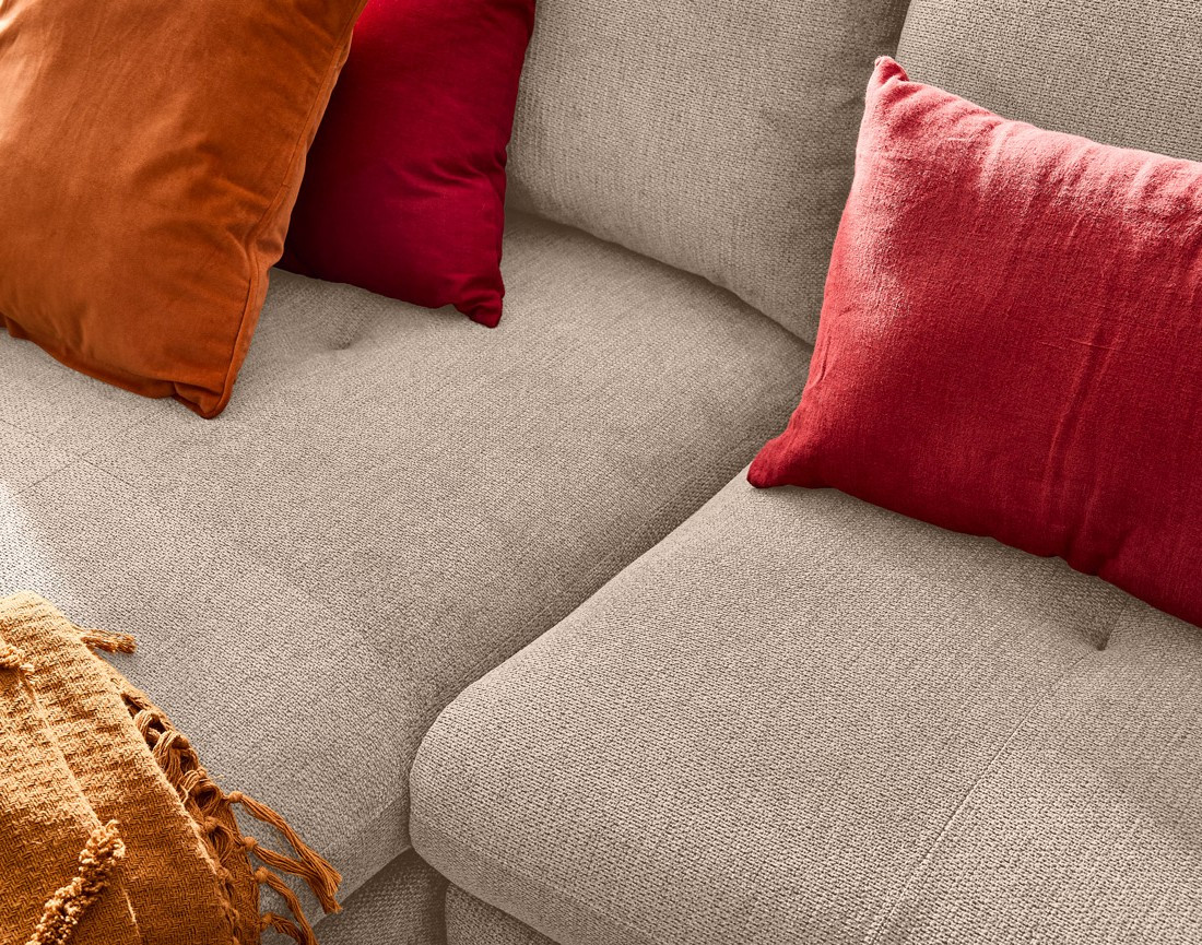 Canapé d'angle gauche 4 places convertible avec coffre en tissu texturé Ninon Canapé d'angle gauche 4 places convertible avec coffre en tissu texturé Ninon