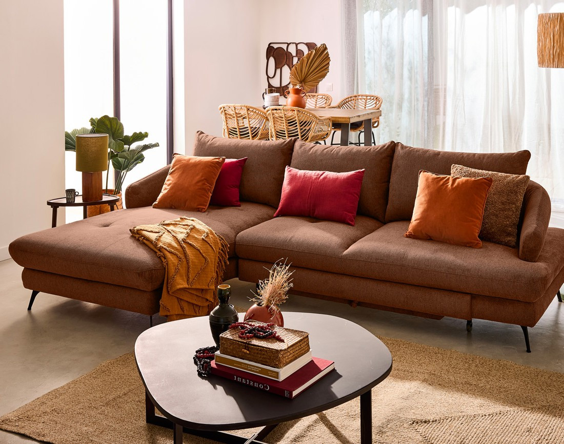 Canapé d'angle gauche 4 places convertible avec coffre en tissu texturé Ninon