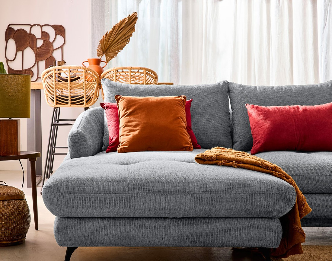 Canapé d'angle gauche 4 places convertible avec coffre en tissu texturé Ninon Canapé d'angle gauche 4 places convertible avec coffre en tissu texturé Ninon