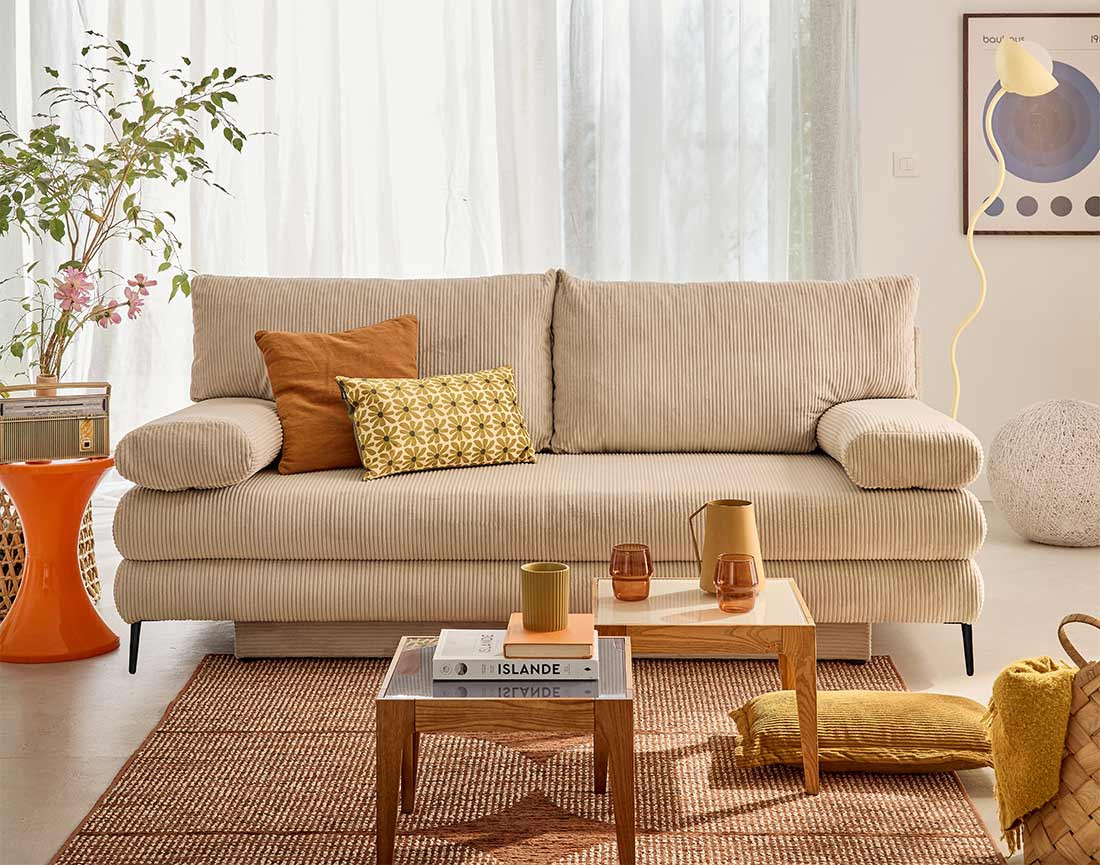 Canapé droit 3 places convertible avec coffre en velours côtelé Elton Canapé droit 3 places convertible avec coffre en velours côtelé Elton