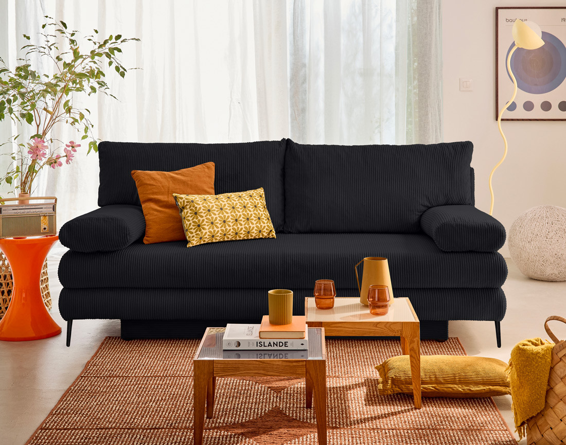 Canapé droit 3 places convertible avec coffre en velours côtelé Elton Canapé droit 3 places convertible avec coffre en velours côtelé Elton