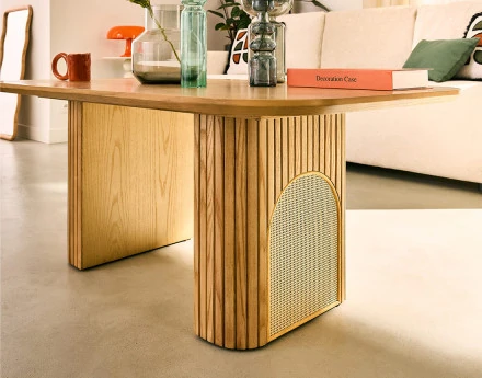 Table basse bois plaqué chêne et cannage 120 cm Milazzo