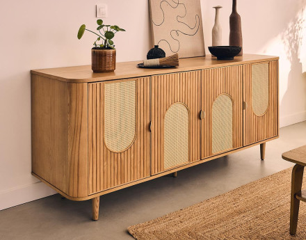 Buffet bas bois plaqué chêne et cannage 4 portes 176 cm Milazzo