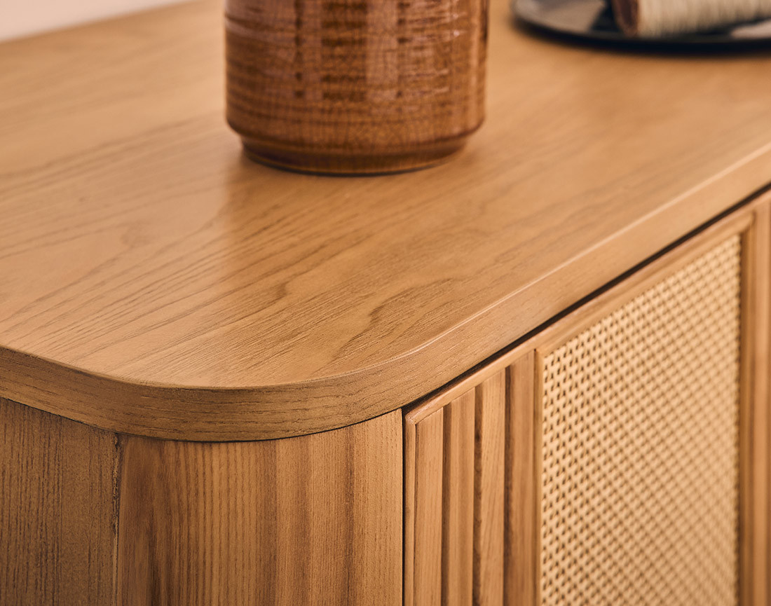 Buffet bas bois plaqué chêne et cannage 4 portes 176 cm Milazzo