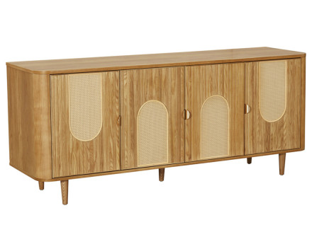 Buffet bas bois plaqué chêne et cannage 4 portes 176 cm Milazzo