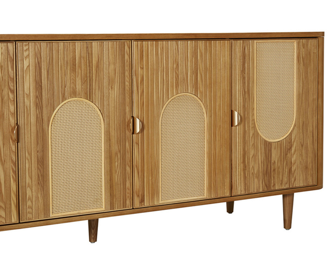 Buffet bas bois plaqué chêne et cannage 4 portes 176 cm Milazzo