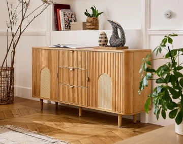 Buffet bas bois plaqué chêne et cannage 3 tiroirs et 2 portes 160 cm Milazzo