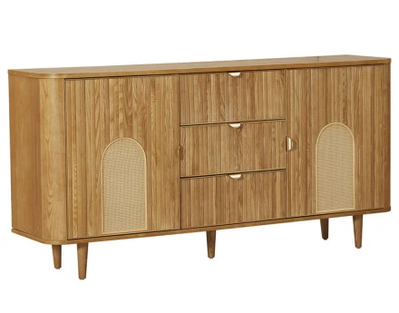 Buffet bas bois plaqué chêne et cannage 3 tiroirs et 2 portes 160 cm Milazzo