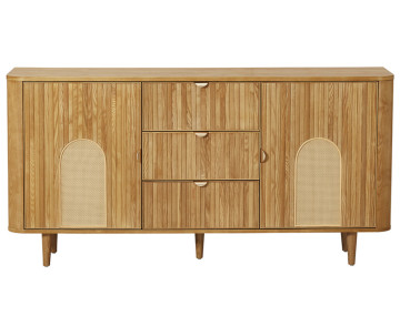 Buffet bas bois plaqué chêne et cannage 3 tiroirs et 2 portes 160 cm Milazzo