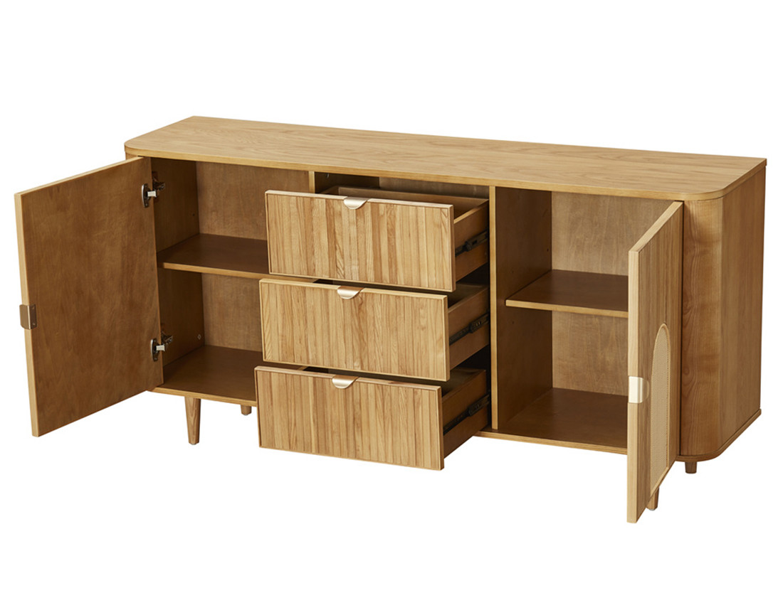 Buffet bas bois plaqué chêne et cannage 3 tiroirs et 2 portes 160 cm Milazzo