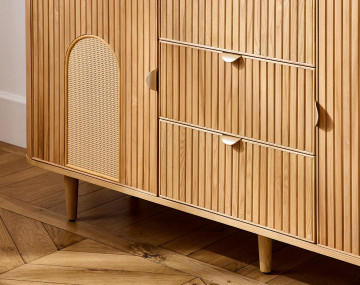 Buffet bas bois plaqué chêne et cannage 3 tiroirs et 2 portes 160 cm Milazzo
