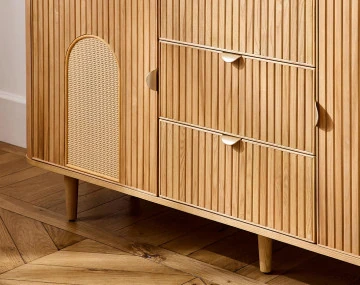 Buffet bas bois plaqué chêne et cannage 3 tiroirs et 2 portes 160 cm Milazzo