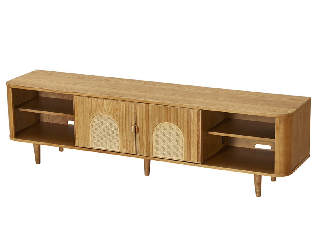 Meuble TV bois plaqué chêne et cannage 4 niches et 2 portes 180 cm Milazzo