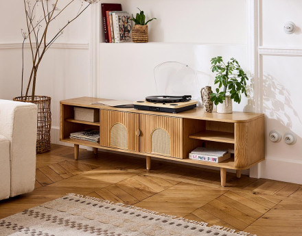 Meuble TV bois plaqué chêne et cannage 180 cm Milazzo
