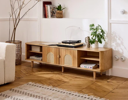 Meuble TV bois plaqué chêne et cannage 4 niches et 2 portes 180 cm Milazzo