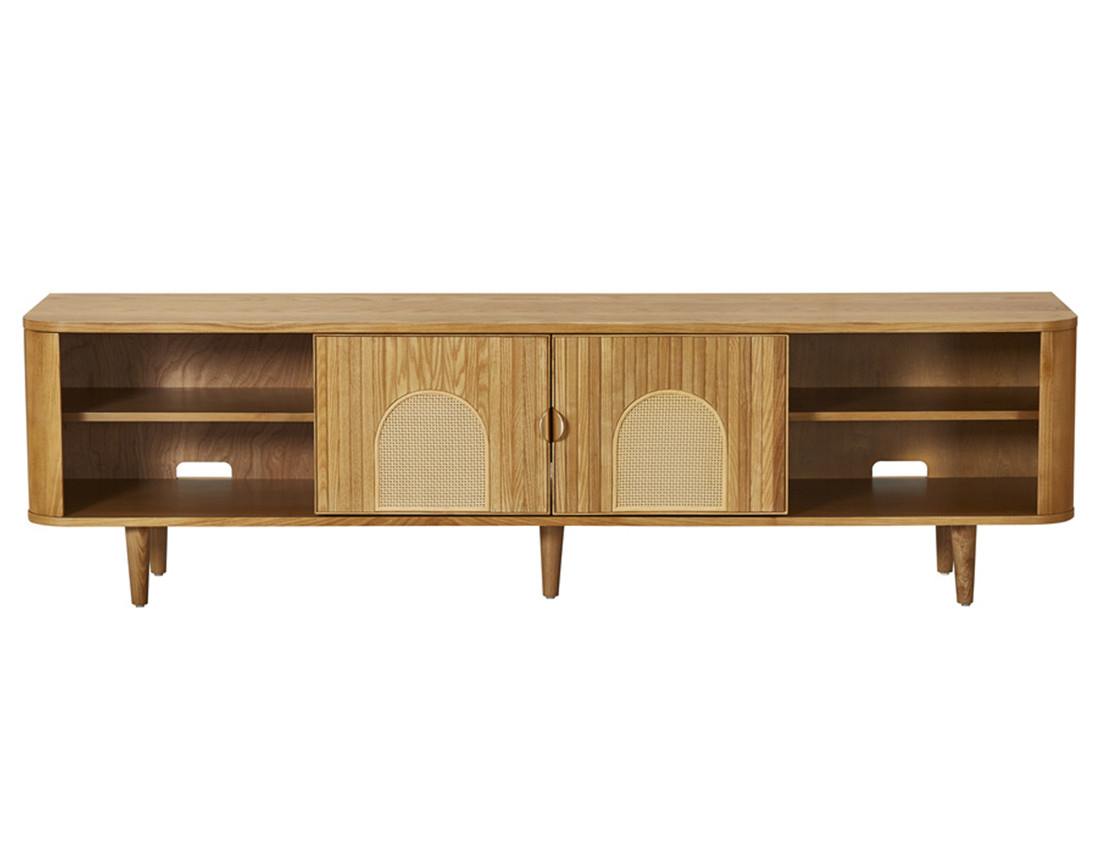 Meuble TV bois plaqué chêne et cannage 4 niches et 2 portes 180 cm Milazzo