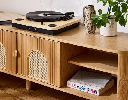 Meuble TV bois plaqué chêne et cannage 4 niches et 2 portes 180 cm Milazzo