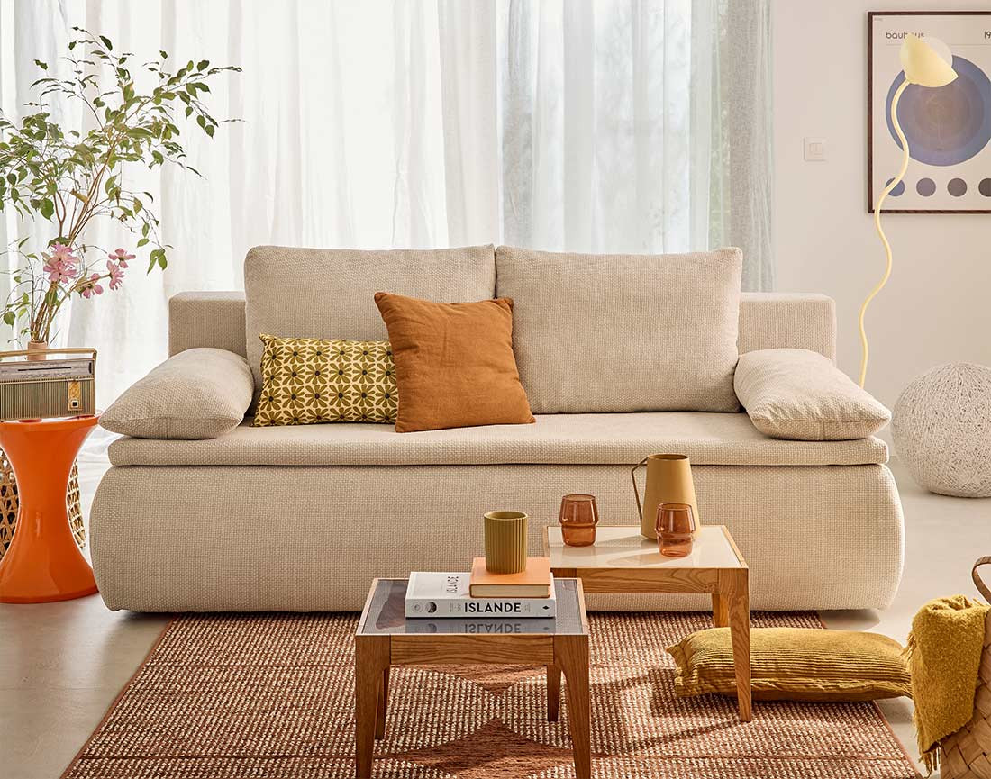 Canapé 3 places convertible avec coffre en velours texturé Kurt Canapé 3 places convertible avec coffre en velours texturé Kurt