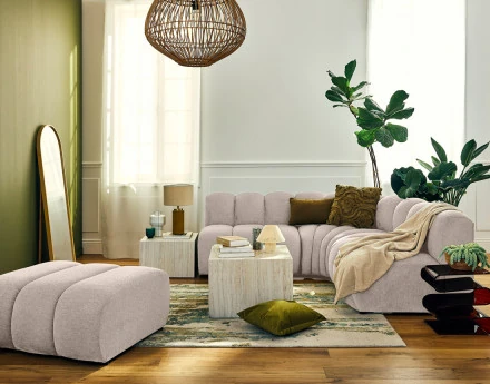 Canapé modulable d'angle réversible 4 places sans accoudoirs en tissu texturé Debbie