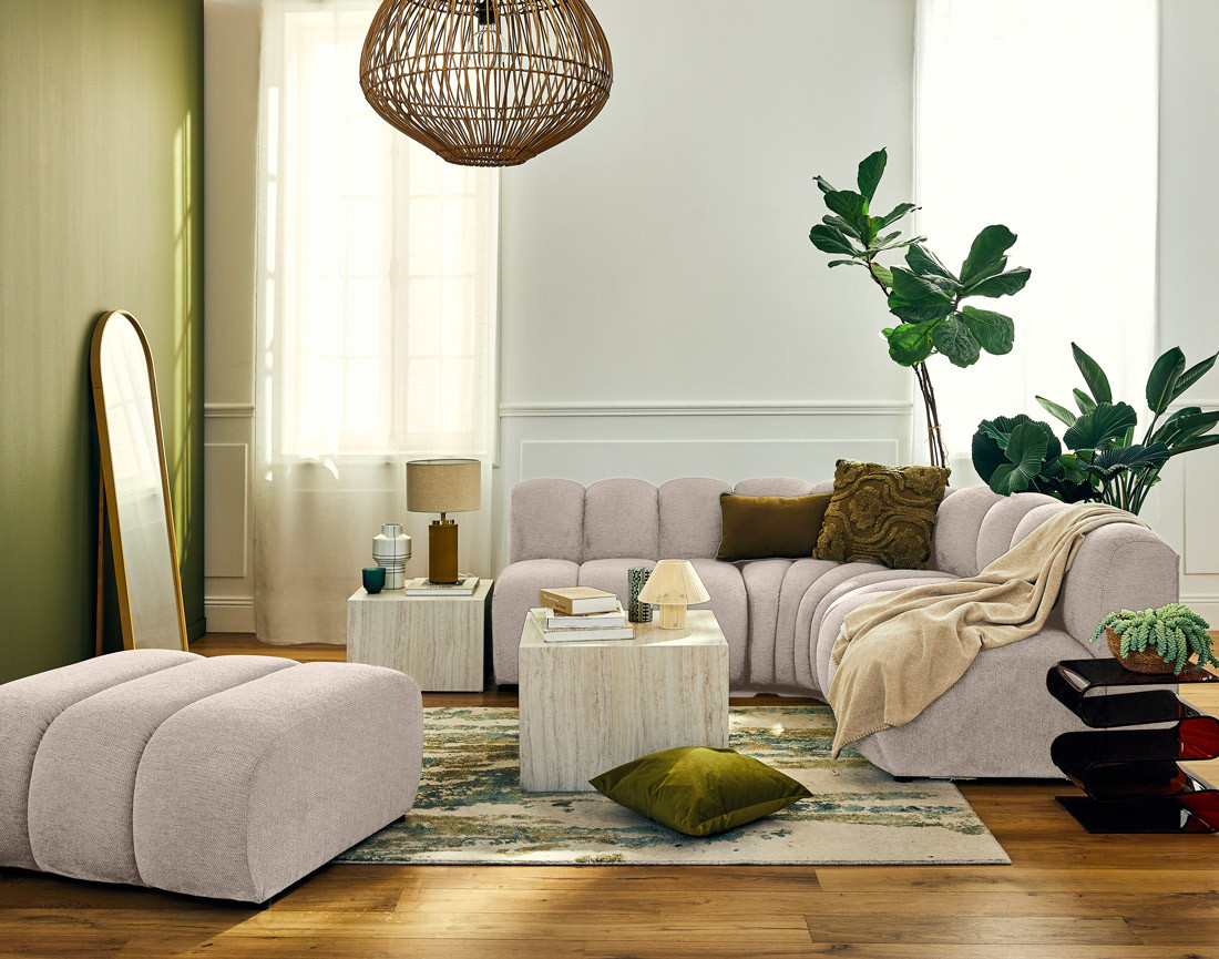 Canapé modulable d'angle réversible 4 places sans accoudoirs en tissu texturé Debbie