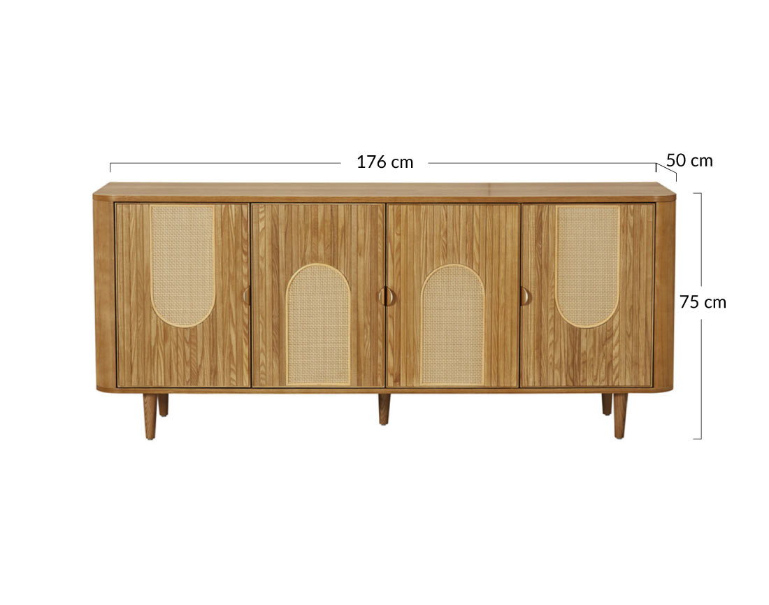 Buffet bas bois plaqué chêne et cannage 4 portes 176 cm Milazzo