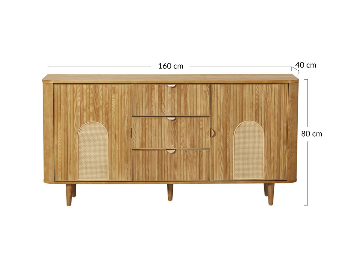 Buffet bas bois plaqué chêne et cannage 160 cm Milazzo