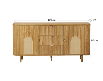 Buffet bas bois plaqué chêne et cannage 3 tiroirs et 2 portes 160 cm Milazzo