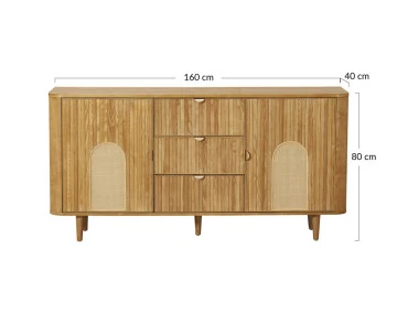 Buffet bas bois plaqué chêne et cannage 3 tiroirs et 2 portes 160 cm Milazzo
