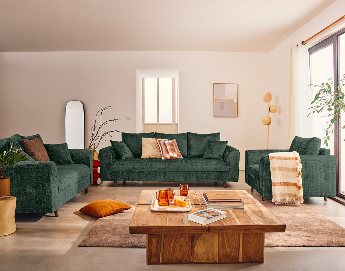 Canapé droit 3 places en velours texturé Rune