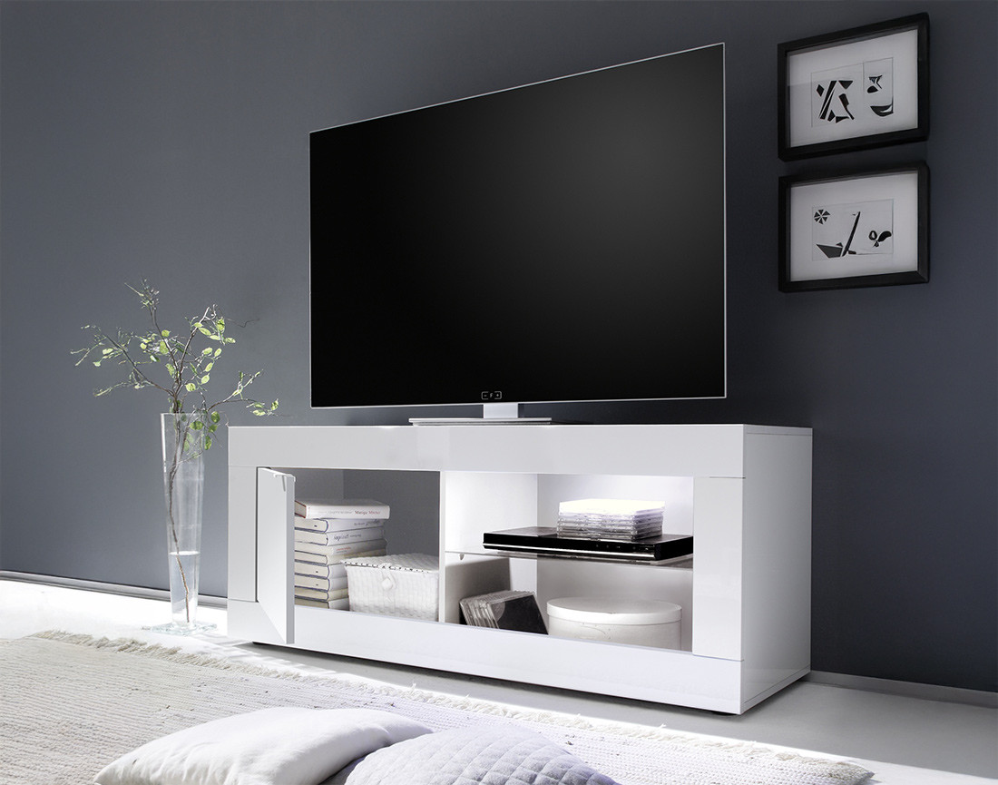 Meuble TV blanc  2 niches et 1 porte 140 cm Milo