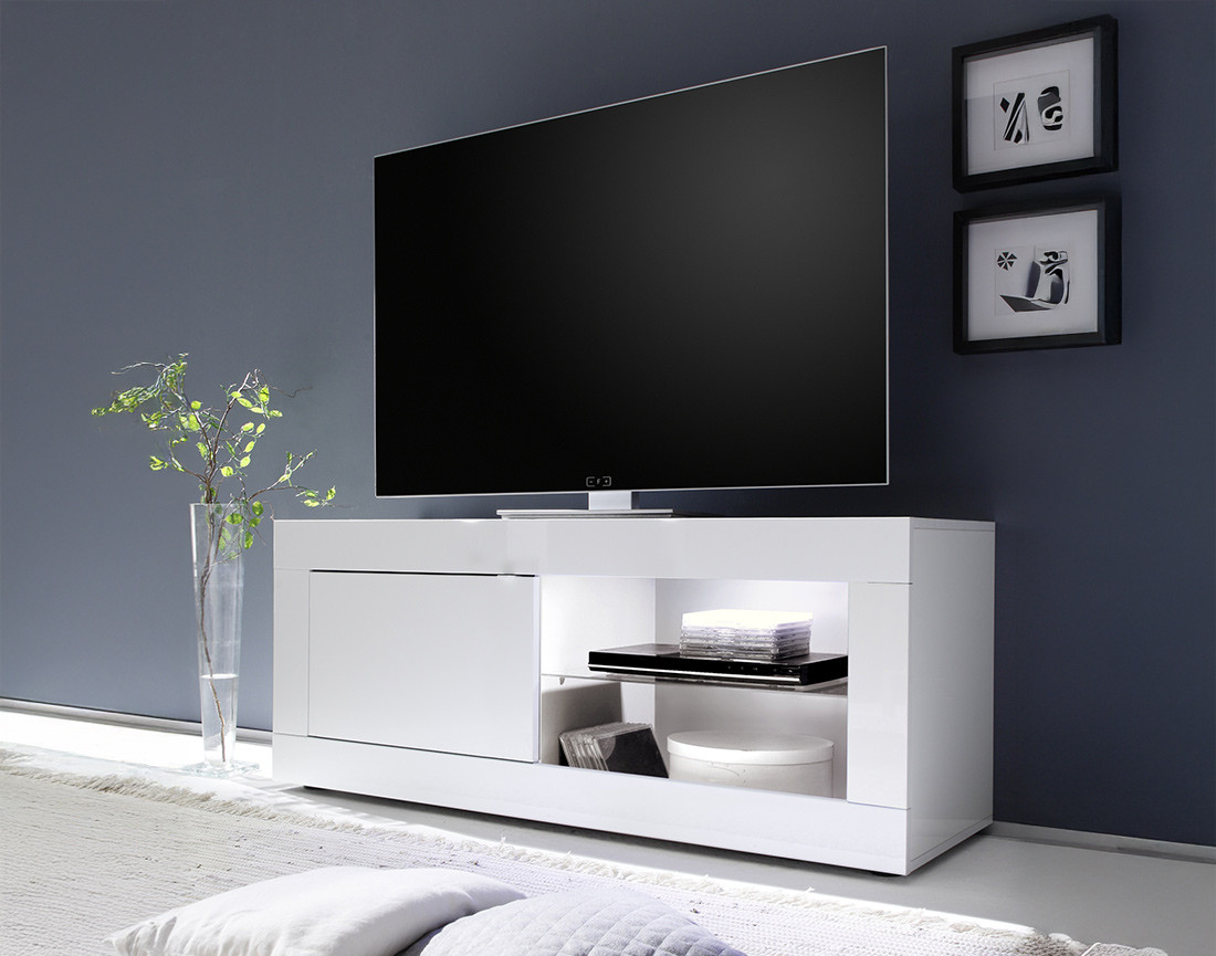 Meuble TV blanc  2 niches et 1 porte 140 cm Milo