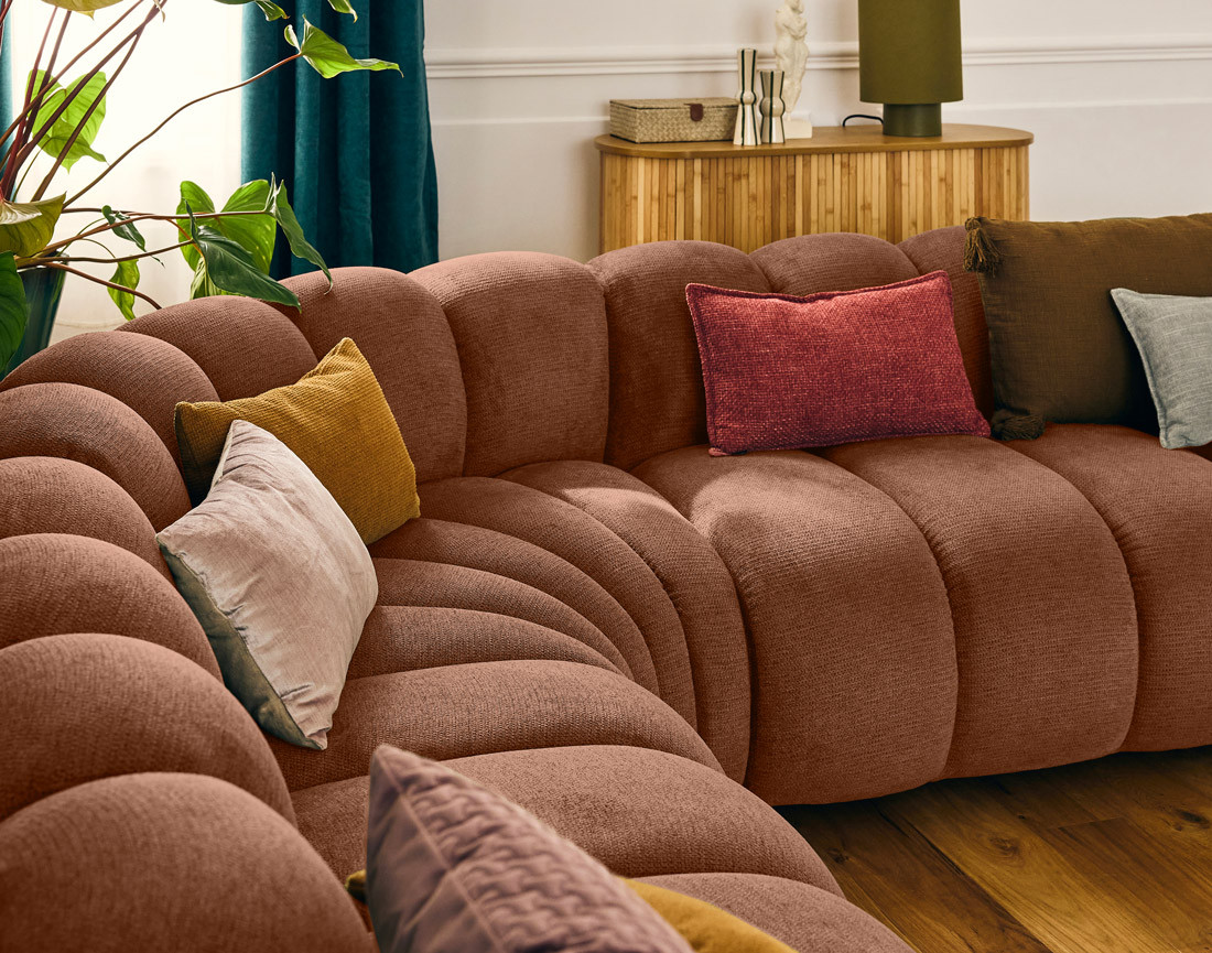 Canapé modulable d'angle droit 5 places en tissu texturé Debbie