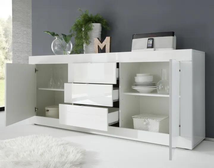 Buffet bas blanc 2 portes et 3 tiroirs 210 cm Milo