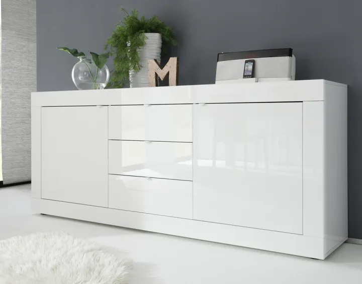 Buffet bas blanc 2 portes et 3 tiroirs 210 cm Milo