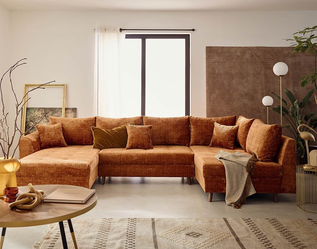 Canapé panoramique d'angle droit 7 places en velours texturé Rune