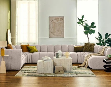 Canapé modulable panoramique d'angle droit 7 places en tissu texturé Debbie