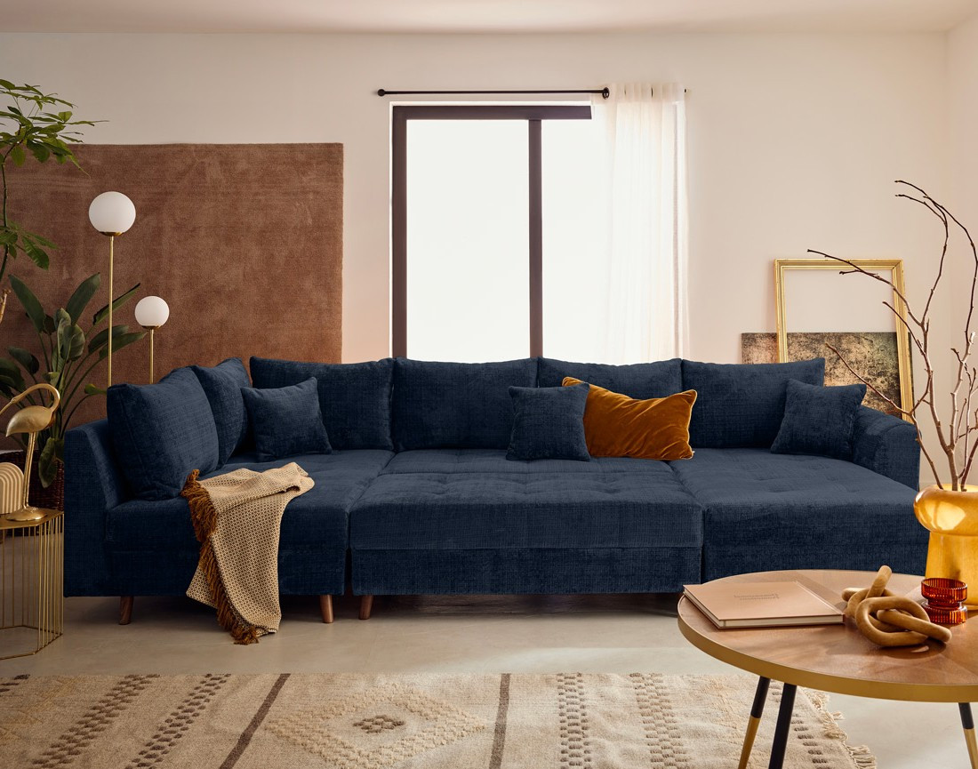 Canapé panoramique d'angle gauche 7 places en velours texturé Rune